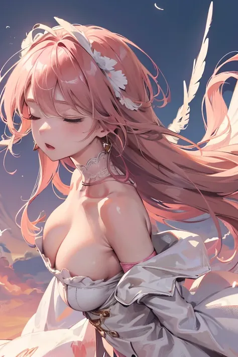 sky background, 1 mature woman, pink blond hair, big breast, (in white lingerie), closed eyes, :o, dirty, injured, bleed, unconscious, falling, white wings, wing hair ornament, earrings, head to thigh, scattering feathers, tottering, arched, bend, defeated...