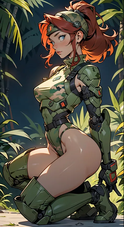 1woman 20 years old, max resolution, sculpted, military, wearing a soldier helmet, beautiful, perfect body, red hair, blue eyes, perfect body, thin waist, wide hips, large breasts, slim thighs, jungle background, armored vehicle, military robot dog, camouf...