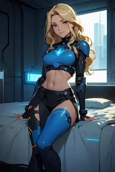 A beautiful, young, visibly barefoot cyborg woman, wearing skintight cybernetic technological black and blue body armor top with a skirt, bare midriff, with short blonde wavy hair, in a futuristic room, lying on a bed, happy facial expression.