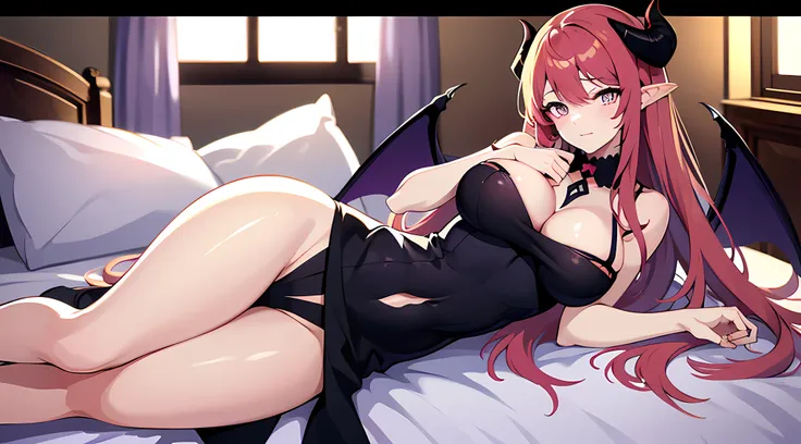 anime girl with big breast posing in a bedroom, (demon horns, bat wings, beautiful eyes finely detailed), seductive anime girl, smooth anime cg art, oppai, anime moe artstyle, girl in dress, [ 4 k digital art ]!!, thicc, cute anime waifu in a nice dress, (...