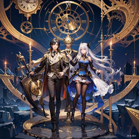 absurdres, best quality, fine detailed, 8k, 1girl, silver long hair, blue eyes, fantasy long dress, hair ornaments, 1 boy, black hair, gold eyes, fantasy long black coat, Many huge clocks and mechanical gears floating in the blue sky, a huge clock decorate...