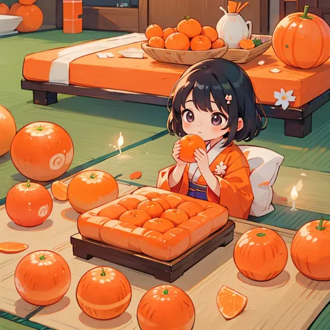 photoRealstic、Japanese New Year traditional events、Kotatsu and mandarin oranges、girl eating mandarin oranges