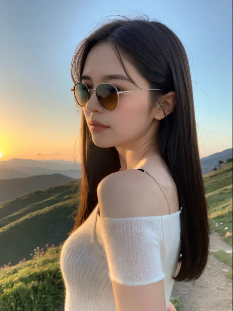 （（Best Quality，8K，Master masterpiece：1.3））， 1girl in， full body Esbian， Slim Face， Beautiful woman， （Short dark brown hair）， Longtop， Super Detailed Face， Detailed eyes， Back，Standing on a mountainside wearing sunglasses，watch the sunrise in the distance， ...