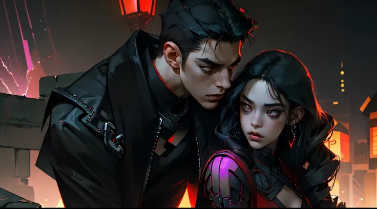 (Best Quality, Masterpiece) man and girl kissing, couple kissing,  (The details are great), the night, a boy and a girl, Young, sharp facial features,  black  hair, Beautiful, detailed faces, 4k, Black Cyberpunk Clothing, light skin, gloomily, dark alley, ...