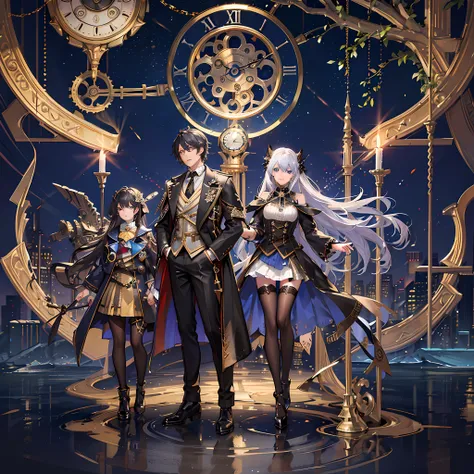 absurdres, best quality, fine detailed, 8k, 1girl, silver long hair, blue eyes, fantasy long dress, hair ornaments, 1 boy, black hair, gold eyes, fantasy long black coat, Many huge clocks and mechanical gears floating in the blue sky, a huge clock decorate...