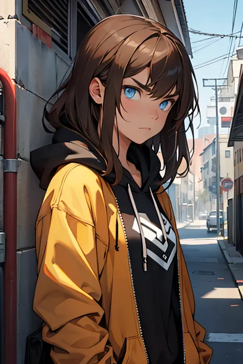 a 14 year old girl with blue eyes looking over her shoulder. looking very serious. brown hair with a black hoodie