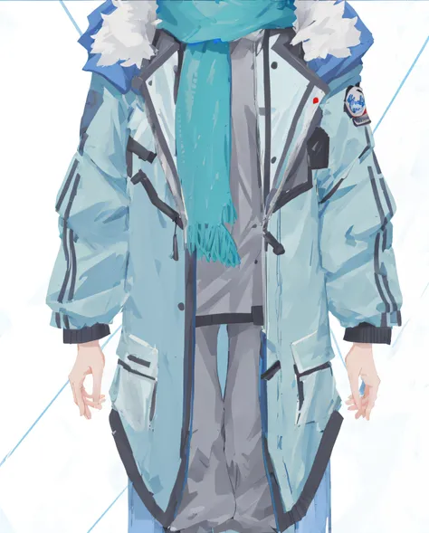 Anime characters wearing winter clothes，Wearing a blue scarf and blue jacket, clear outfit design, full body concept, detailed full-body concept, full body detailing, clothing design, detailed full body concept art, Cypherpunk fashion illustration, Anime f...