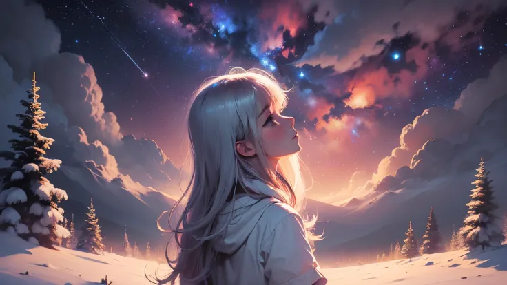 stars and galaxies , simple, featured on pixiv, a long hair gril ，side face looking up at the night sky,upper body,muted colors with minimalism, irina nordsol kuzmina, a hazy memory --auto --s2