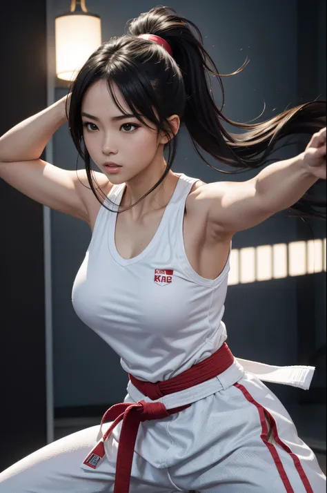 8K、sexy girl from america、bionde、Karate costumes、high quality karate、Dynamic action、high kick up、movimentos poderosos、Dynamic backgrounds。Large full breasts、frontage、looking at the viewers、Glare、karate woman portrait、超A high resolution、Lifelike skin、Precis...