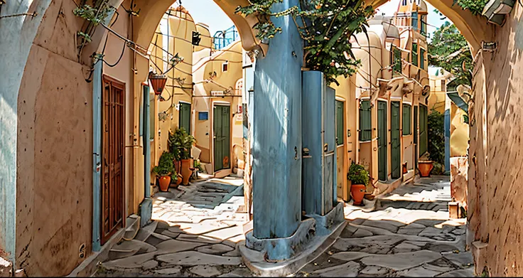 Santorini style architecture，mediterranean style street，Outdoor snack street，arch entrance，Santorini windmills