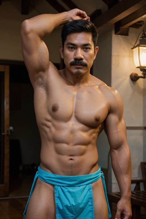 A young Thai father with a muscular body and mustache wearing a loincloth.