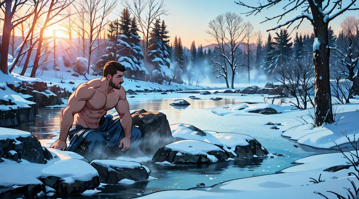 (best quality,4k,8k,highres,masterpiece:1.2),ultra-detailed,(realistic,photorealistic,photo-realistic:1.37),winter scene,icy river,frozen landscape,cold wind,white snow-covered ground,students,Arne,athletic men,half naked,brown beards,Viking type,submerged...