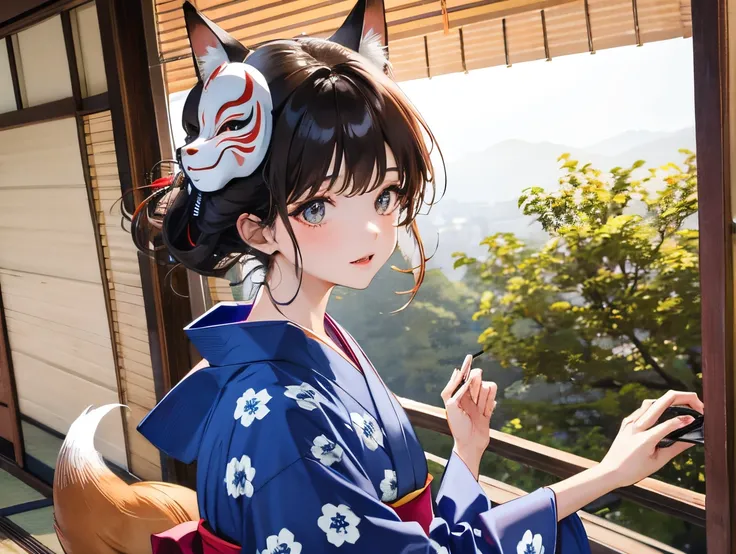 A girl in a yukata wearing a fox mask