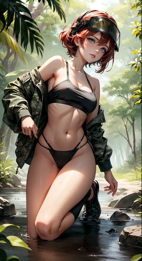 1woman 20 years old, max resolution, sculpted, military, wearing a soldier helmet, beautiful, perfect body, red hair, blue eyes, perfect body, thin waist, wide hips, large breasts, slim thighs, jungle background, armored vehicle, military robot dog, camouf...