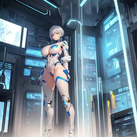 ((1 cyborg woman)),((huge breasts, naked breasts, naked pussy, completely naked, blue clitoral piercing)),((standing, futuristic room)),((serious face)),((with many Bubian hair, with scientists coat)),((short hair with two short gray ponytails, bright yell...