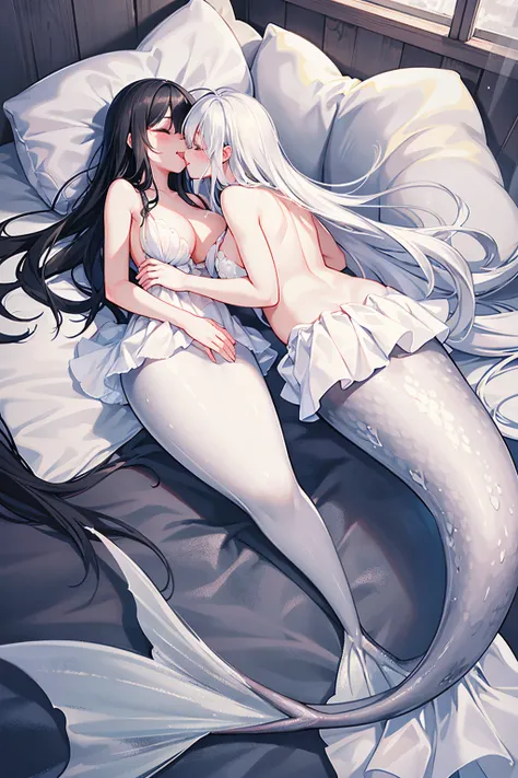 "A captivating and intimate portrayal of love and desire, showcasing 2 mermaid women with very flowing white and black locks and both with white mermaid tails embracing in a passionate and unadorned kiss on the bed. they radiate a sense of vulnerability an...