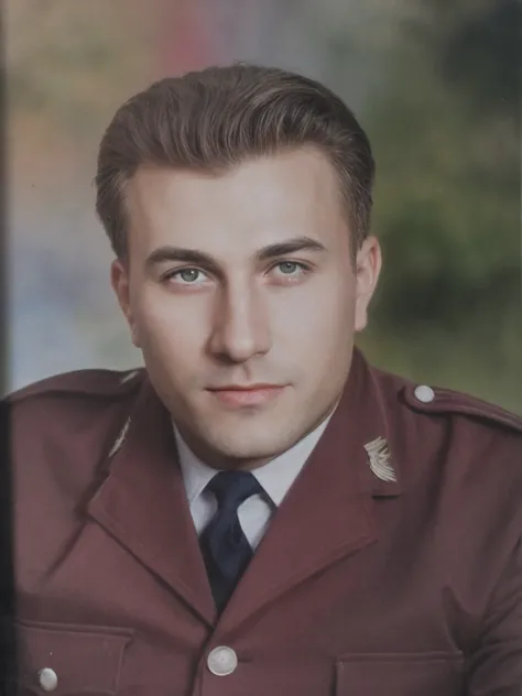 Foto de um homem com uniforme militar posando para uma foto, uma foto colorida, retrato colorido, cabelo preto e grisalho, burgundy uniform, camisa branca e gravata azul