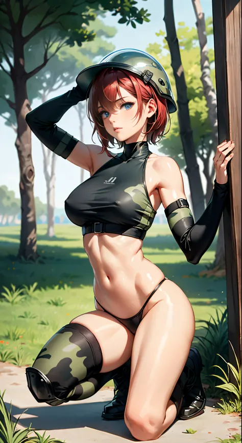 1woman 20 years old, max resolution, sculpted, military, wearing a kevlar helmet, beautiful, perfect body, red hair, blue eyes, perfect body, thin waist, wide hips, large breasts, slim thighs, jungle background, armored vehicle, military robot dog, camoufl...