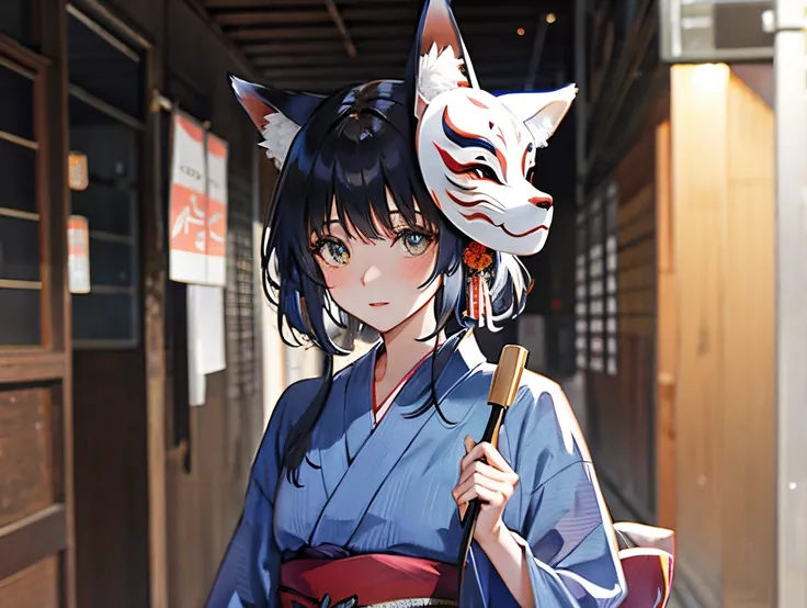 A girl in a yukata wearing a fox mask