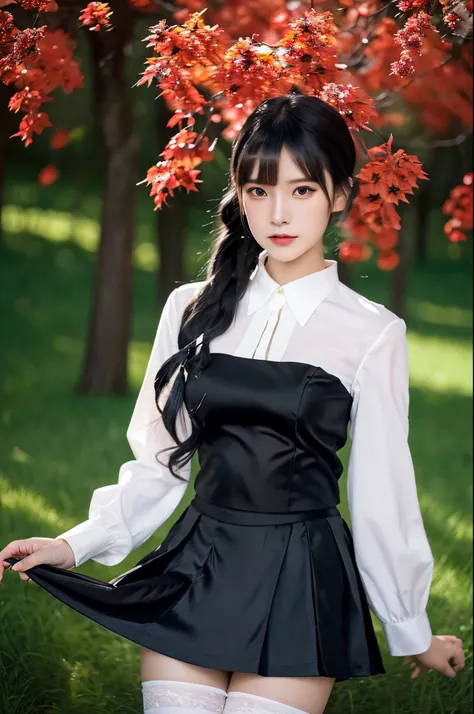 The finest details，Works of masters，Best quality，exquisite paintings，photore，1 rapariga，black hair color hair，Double ponytail hairstyle，Beautiful exquisite eyes，black gorgeous clothes，Beautiful outfit，Black silk knee socks，Small mans waist，short  skirt，(JK...