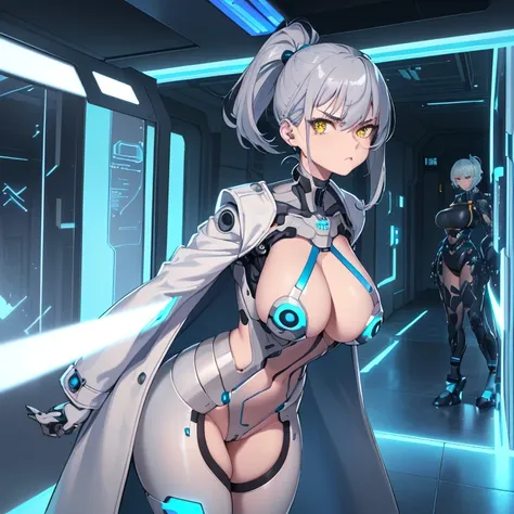 ((1 cyborg woman)),((huge breasts, naked breasts, naked pussy, completely naked, blue clitoral piercing)),((standing, futuristic room)),((serious face)),((with many Bubian hair, with scientists coat)),((short hair with two short gray ponytails, bright yell...