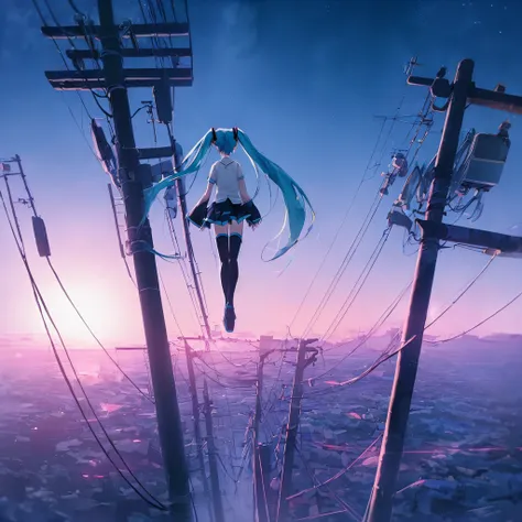 Hatsune Mikus back view, utility pole,