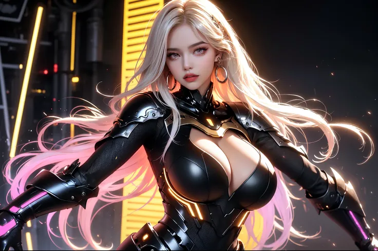 (masterpiece), best quality, expressive eyes, perfect face, beautiful details face, beautiful round eyes, full body, A beautiful mature woman in cyber armour suit shows her Extremely busty and attractive breasts, (arrogant face), (platinum red hair), (curt...