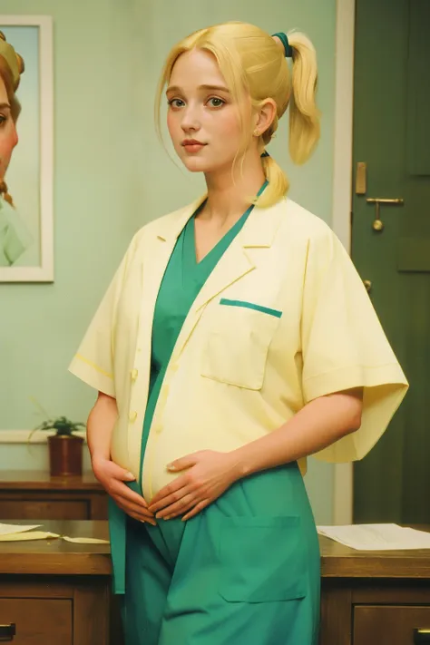 1997, Berkshire County, Massachusetts. Pre-raphaelite (((35-year-old blonde woman))), pregnant, sanitarian, happy expression, shy smile, rustic clinic, ((((scrubs uniform from the 1990s)))), (((blonde short hair in a ponytail))), ((Wes Anderson cinematic s...