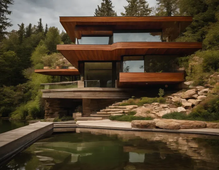 a small futuristic wooden house on a green hill, (((one store house))) (minimalism influence), ((Frank Lloyd Wright Fallingwater)),(((with large terraces))), ((natural lake)), waterfall, one-story house, big panorama windows. (((Wooden panels)))