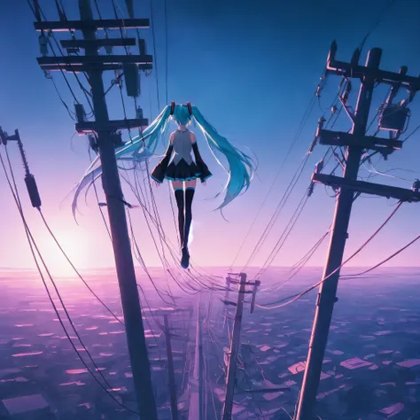 Hatsune Mikus back view, utility pole,