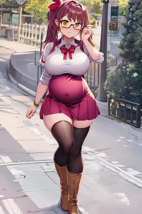 Full body girl, pregnant, big belly, big breasts, yellow eyes, glasses, white thighhighs, boots, shy, earrings, hair ribbon, long hair, side ponytail, pink hair, tsundere, embarrassed, pout, Very thight dress, best quality