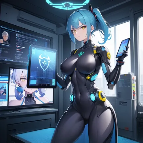 ((1 cyborg woman)),((Huge breasts, bare breasts, naked pussy, completely naked, blue clitoral piercing)),((standing, futuristic room with windows with robots)),((serious face)), ((with lots of bubian hair, in a scientists coat)),((short hair with a short p...