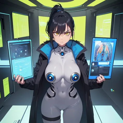 ((1 cyborg woman)),((huge breasts, naked breasts, naked pussy, completely naked, blue clitoral piercing)),((standing, futuristic room)),((serious face)),((with many Bubian hair, with scientists coat)),((short black hair with short ponytail on the left side...