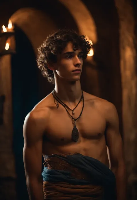 Handsome 16yo slim shirtless french guy. Skinny abs and pecs. Wearing antique loincloth. In a dark Temple by night. hands tied behind the back