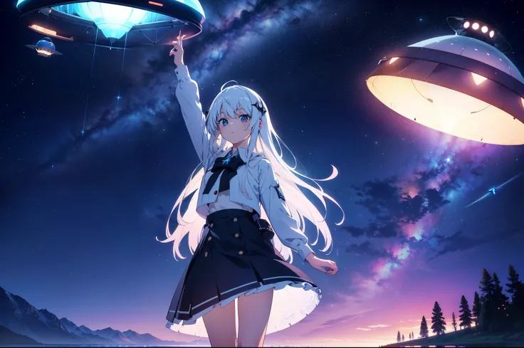 1 cute girl , standing on lake, (looking up), ((Huge UFO)), (from below:0.8) ,cowboy shot , close to viewer, character focus , ((dark lighting)), cinematic lighting, ((sci-f)), night ,high resolution,(incredibly absurdres) ,extremely detailed CG unity 8k w...