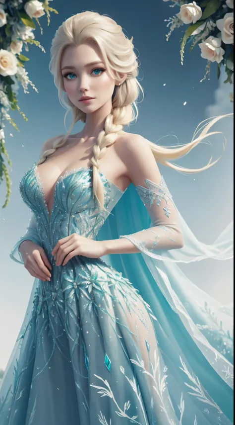 a girl with long blonde hair wearing a green dress, full body, portrait of elsa of arendelle, portrait of elsa from frozen, model elsa, background white, model feeling, frozen fever , Elsa long green dress, green dress spring flowers style dress, beautiful...