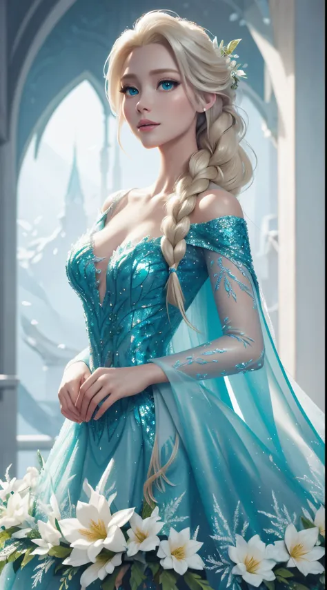 a girl with long blonde hair wearing a green dress, full body, portrait of elsa of arendelle, portrait of elsa from frozen, mode...