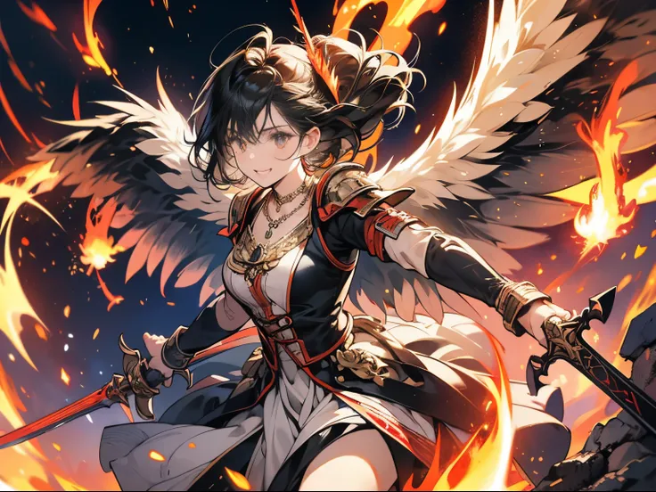 (super low angle), (fearless face), flying seraph, (Six long and wide wings on each side grow on her back), thick sword on fire, ancient ruins, impact, movement, flame, necklace on fire, battle field,