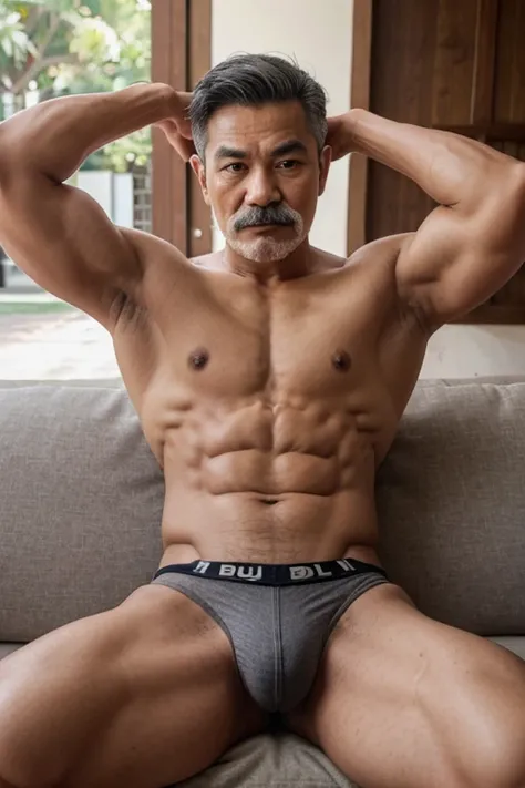 A young Thai grandfather with gray hair, a mustache, a muscular body, wearing bulging underwear sits on a wooden sofa.