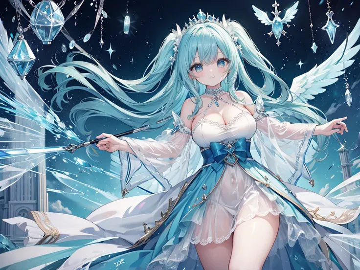 1 woman、Hair that shines like pale aquamarine、Twin-tailed、Sparkling aquamarine eyes、爆乳、Too large breasts、Seductive breasts、Lace dress、Goddess dress、Tiara of the Goddess、goddess god々Feeling、lace cape、aquamarine choker、Castle Room、Long Lace Bale、Ruffles and ...