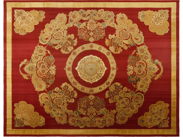 Close up of red and gold rug with circular design, oriental carpets, persian design, Magnificent Art, Inspired by Tawaraya Sotatsu, ancient chinese ornate, Decorated with Russian motifs, highly ornate, persian rug, orient, red and gold cloth, persian rug, ...