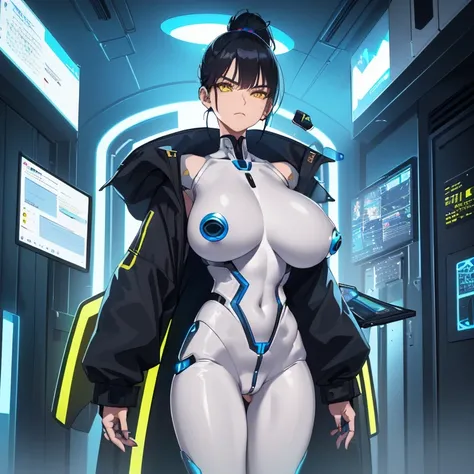 ((1 cyborg woman)),((huge breasts, naked breasts, naked pussy, completely naked, blue clitoral piercing)),((standing, futuristic room)),((serious face)),((with many Bubian hair, with scientists coat)),((short black hair with short ponytail on the left side...