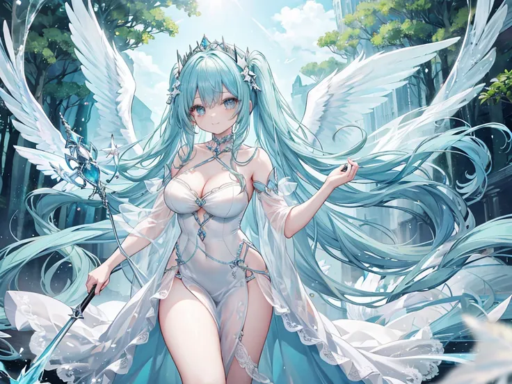 1 woman、Hair that shines like pale aquamarine、Twin-tailed、Sparkling aquamarine eyes、爆乳、Too large breasts、Seductive breasts、Lace dress、Goddess dress、Tiara of the Goddess、goddess god々Feeling、lace cape、aquamarine choker、Sparkling fountain in the mysterious fo...