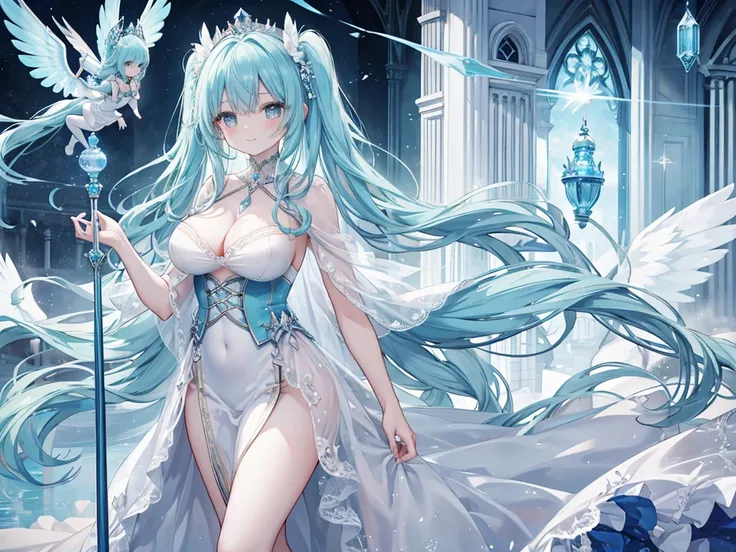 1 woman、Hair that shines like pale aquamarine、Twin-tailed、Sparkling aquamarine eyes、爆乳、Too large breasts、Seductive breasts、Lace dress、Goddess dress、Tiara of the Goddess、goddess god々Feeling、lace cape、aquamarine choker、Castle Room、Long Lace Bale、Ruffles and ...