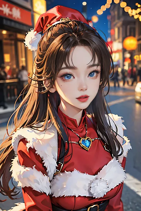 A city of beautiful Christmas lights, Santa girl in red costume of beautiful Santa Claus with blue eyes, Red Santa Skirt、Plump lips, Moles under her eyes, Heart-shaped choker, Computer Graphics Art, High resolution, Highest Quality, Whole body, 8K Characte...