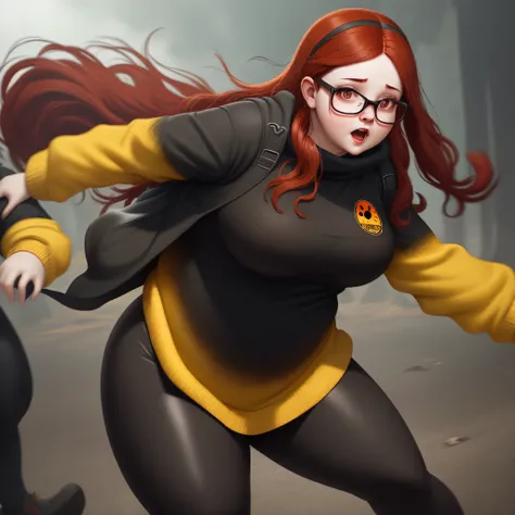 Chubby girl with long black and red hair as a dead by daylight character wearing black leggings and a yellow sweater with glasses being chased by michael myers