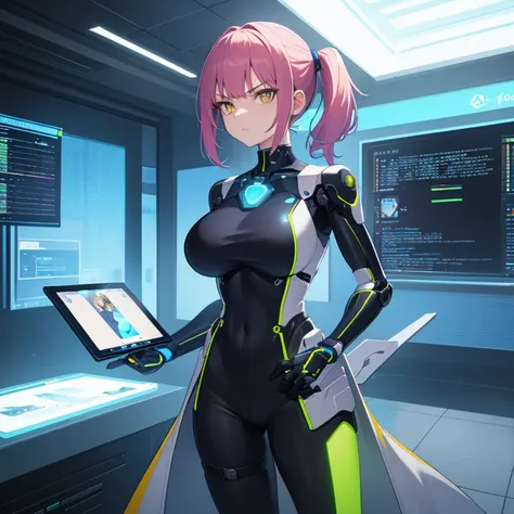 ((1 cyborg woman)),((Huge breasts, bare breasts, naked pussy, completely naked, blue clitoral piercing)),((standing, futuristic room with windows with robots)),((serious face)), ((with lots of bubian hair, in a scientists coat)),((short hair with a short p...