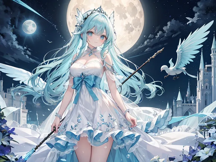 1 woman、Hair that shines like pale aquamarine、Twin-tailed、Sparkling aquamarine eyes、爆乳、Too large breasts、Seductive breasts、Lace dress、Goddess dress、Tiara of the Goddess、goddess god々Feeling、lace cape、aquamarine choker、Castle Room、Long Lace Bale、Ruffles and ...