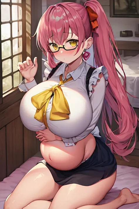 Full body girl, pregnant, big belly, big breasts, yellow eyes, glasses, shy, earrings, hair ribbon, long hair, side ponytail, pink hair, tsundere, embarrassed, pout, long legs, kneeling, barefoot, visible belly, on bed, hands on belly, maid clothes, best q...