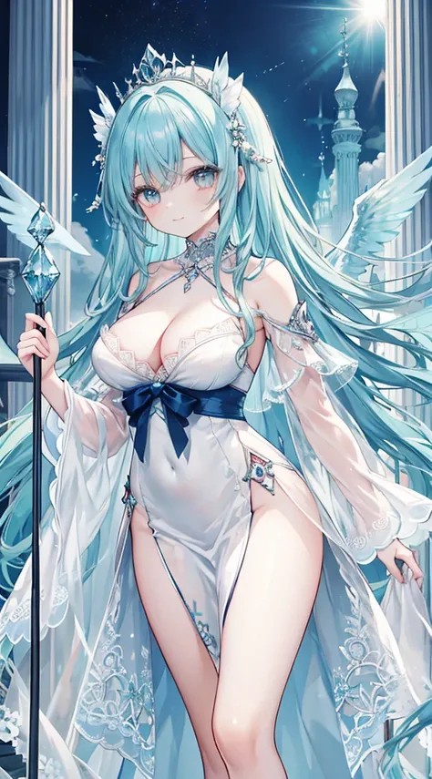 1 woman、Hair that shines like pale aquamarine、Twin-tailed、Sparkling aquamarine eyes、爆乳、Too large breasts、Seductive breasts、Lace dress、Goddess dress、Tiara of the Goddess、goddess god々Feeling、lace cape、aquamarine choker、Castle Room、Long Lace Bale、Ruffles and ...